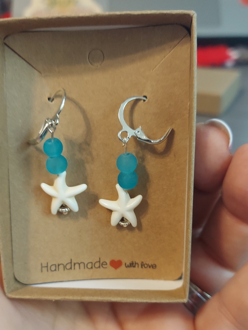 Handmade Teal Beaded Starfish Dangle Earrings